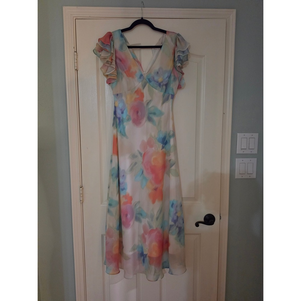 Taylor Floral Watercolor Ruffle Sleeve Maxi Dress V-Neck Tie‎ Back Size 6